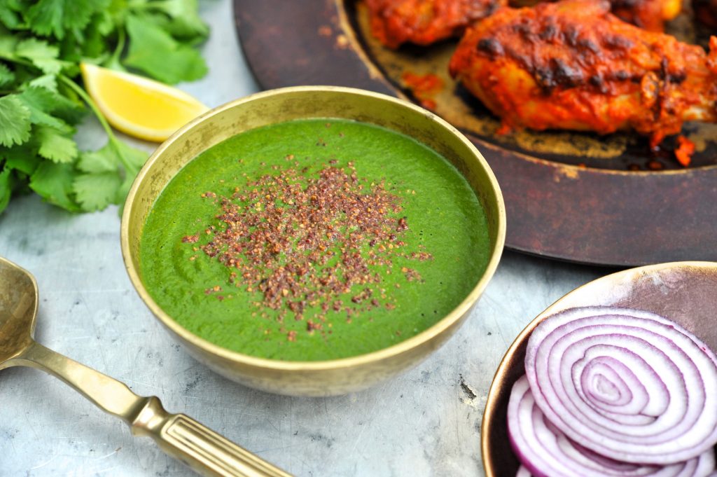 Homemade coriander mint chutney from the Indian Cookaway