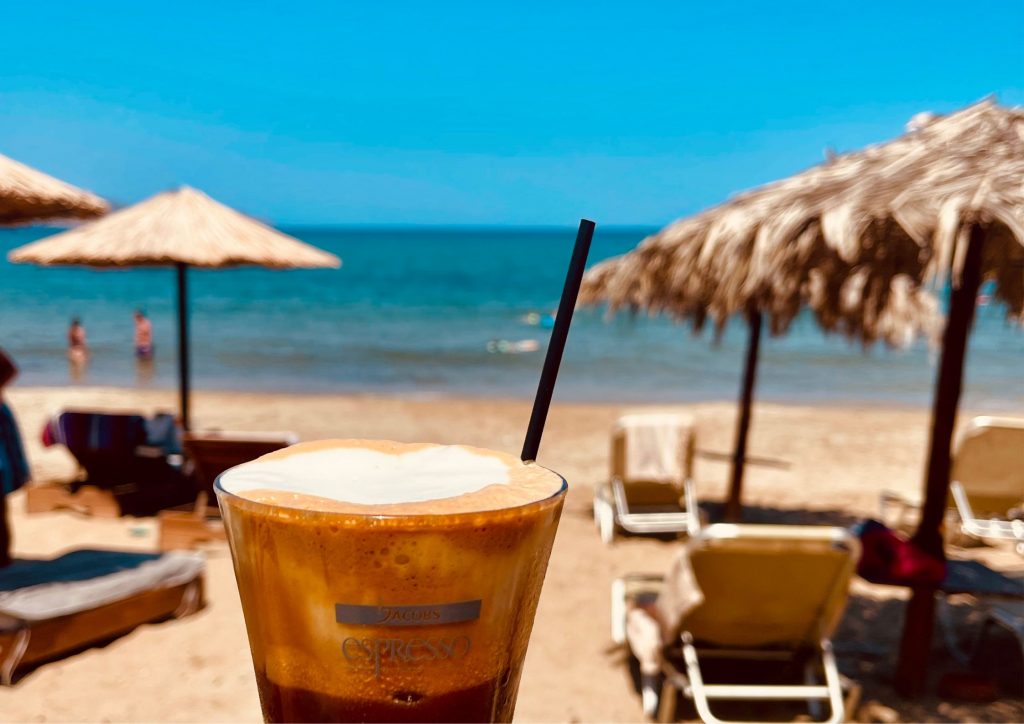 Having a Frappe at Kalyves Beach